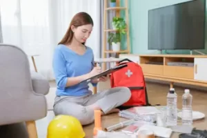 Asian woman check items to pack in an emergency kit they are going over the checklist together
